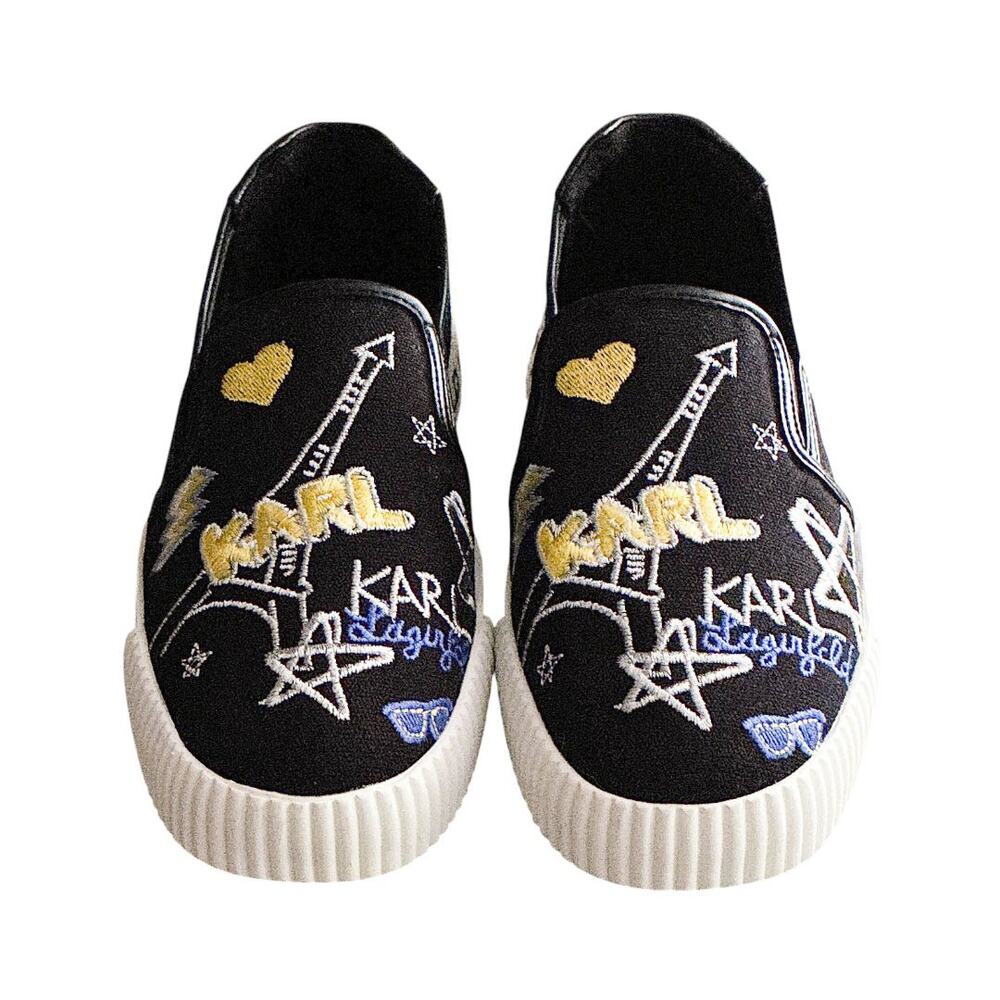 Karl Lagerfeld Embroidered Slip-On Shoes - Graffiti Print, Size 8.5